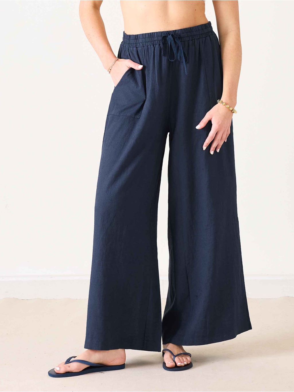 Mersea Women’s Hermosa Linen Drawstring Wide Leg Pants Size L Navy Blue Coastal